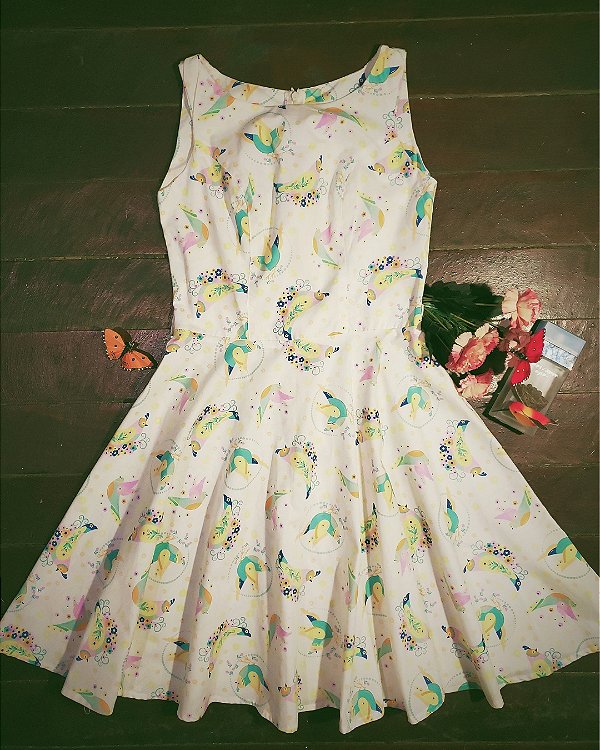 VESTIDO RODADO SESSENTINHA PÁSSARO BRANCO