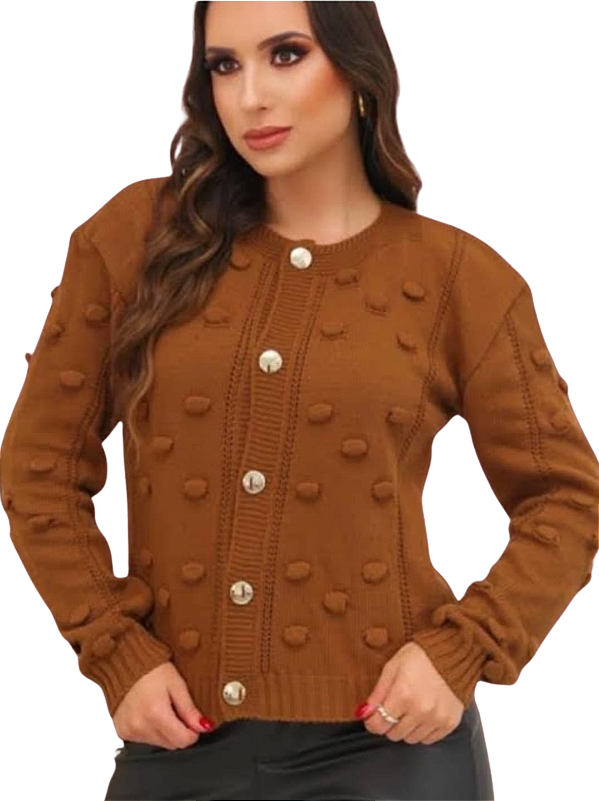 Casaco de frio tricot pompom com botões dourado