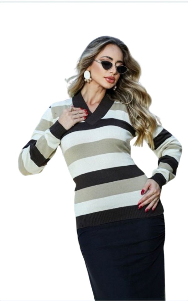 Blusa de inverno tricot gola V tricolor