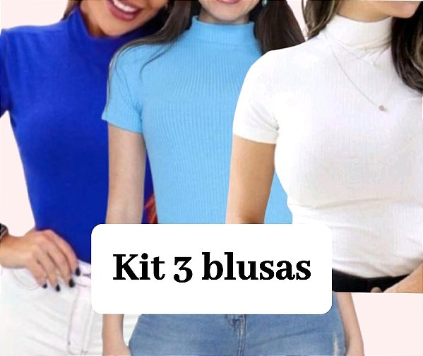 Kit de 3 blusas de manga gola alta canelado premium