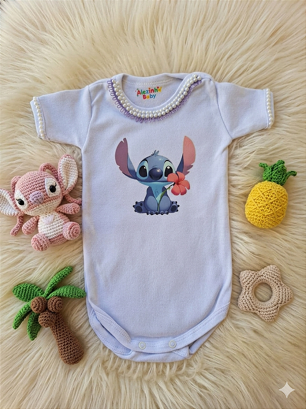 Body Bebê Stich Azul com Pérolas