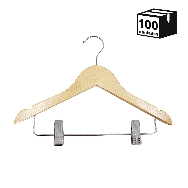 kit 100 Cabides De Madeira Marfim com presilha Infantil