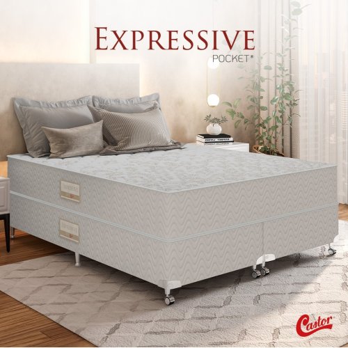 Cama box + Colchão Castor Expressive Pocket One Face - Casal/Solteiro