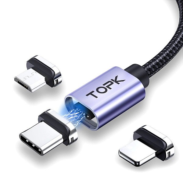 Cabo Magnético 3 em 1 USB Tipo C Lightning Micro USB 2m TOPK AM45