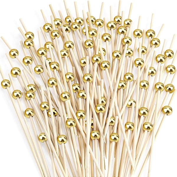 25 Palitos Bambu Bola Dourada Luxo Para Petiscos Mesa Festa