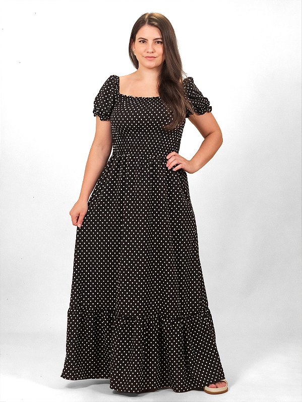 Vestido Longo Lastex Preto Poá