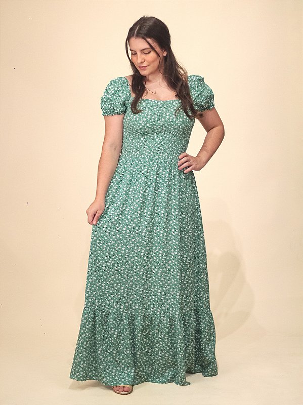 Vestido Longo Lastex Viscolinho Verde Floral