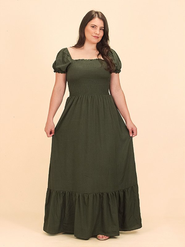 Vestido Longo Lastex Viscolinho Verde Militar
