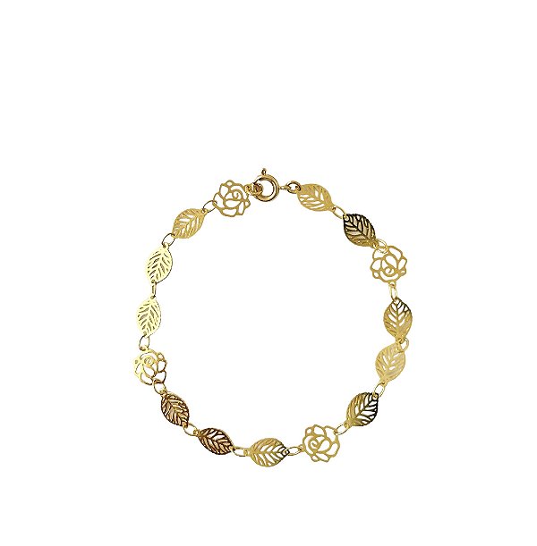 Pulseira Folheada de Folhinhas e Florzinha Vazado
