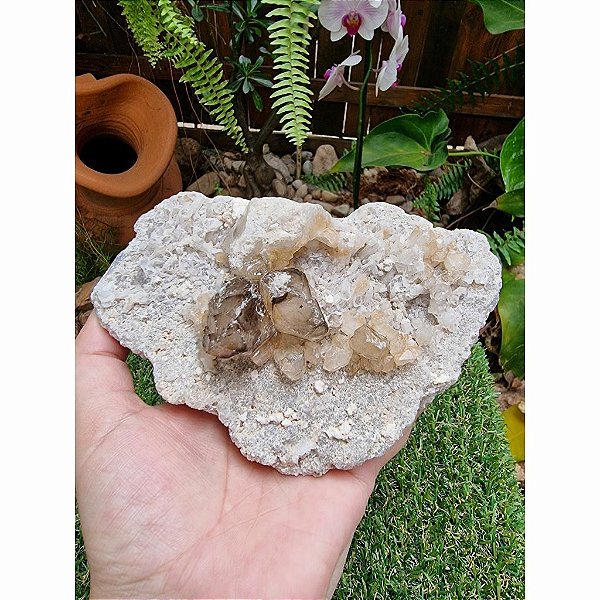 Aglomerado c/ Biterminados Quartzo Fumado, Quartzo e Quartzo Tangerina na Matriz Feldspato c/ Mica Dourada - Cod. PTN 92