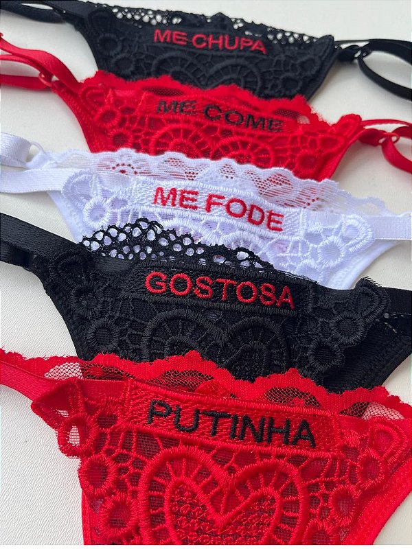 Calcinha com escrito, bordado, tanga renda de regulagem