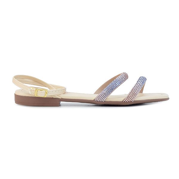 Sandália Feminina Beira Rio Bico Quadrado Strass Creme - 849