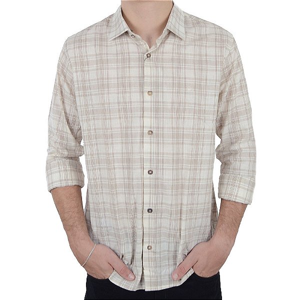 Camisa Social Masculina Ogochi ML Xadrez Slim Bege - 0015