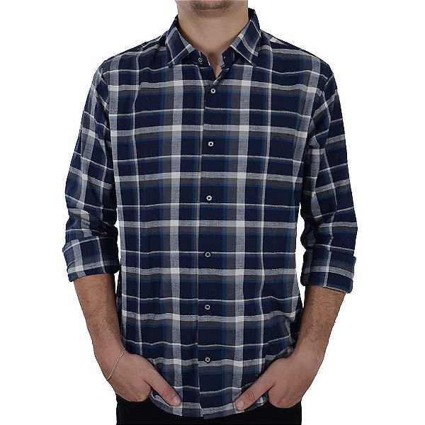 Camisa Social Masculina Ogochi ML Xadrez Slim Marinho - 0015