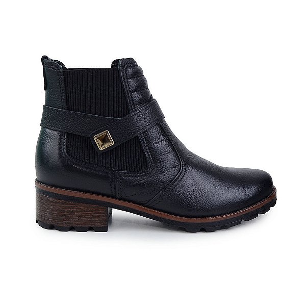 Bota Feminina Pegada Salto Bloco Couro Preta - 2814