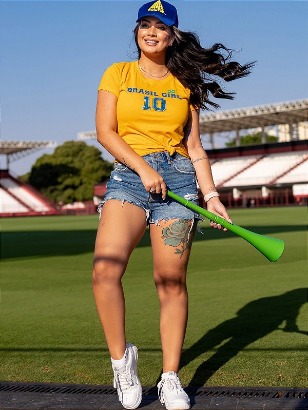 T-SHIRT FEMININA - BRASIL GIRL- COR AMARELO