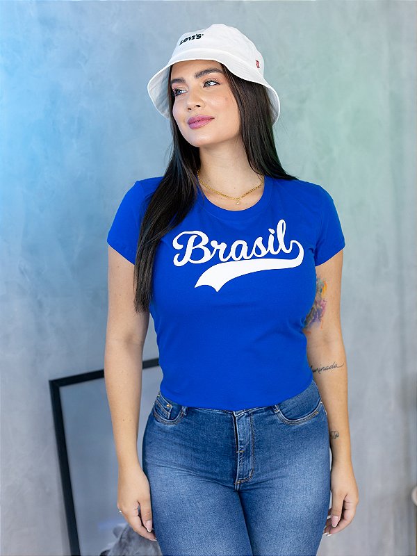 T-SHIRT FEMININA - BRASIL CORAÇÃO - COR AZUL ROYAL
