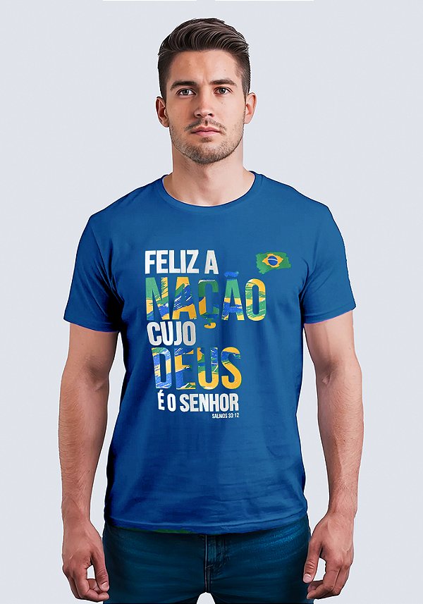 T-SHIRT MASCULINA - FELIZ A NAÇÃO CUJO DEUS É O SENHOR - COR AZUL ROYAL