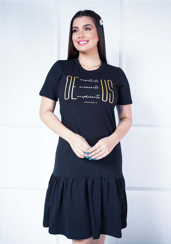 VESTIDO BABADO ALGODÃO - DEUS APOCALIPSE 1:8 - COR PRETO
