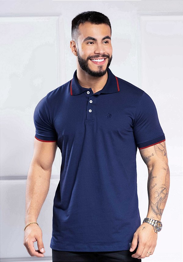 T-SHIRT MASCULINA - GOLA POLO BORDADO AZUL - COR AZUL MARINHO