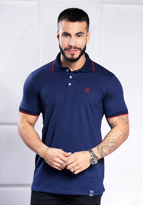 T-SHIRT MASCULINA - GOLA POLO BORDADO VERMELHO - AZUL MARINHO