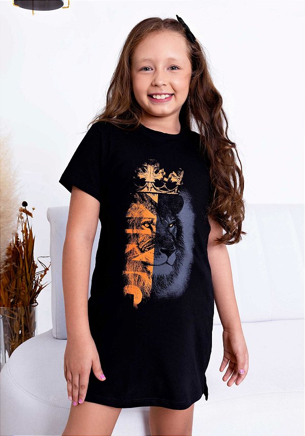 VESTIDO INFANTIL - KING LEÃO LARANJA - COR PRETO