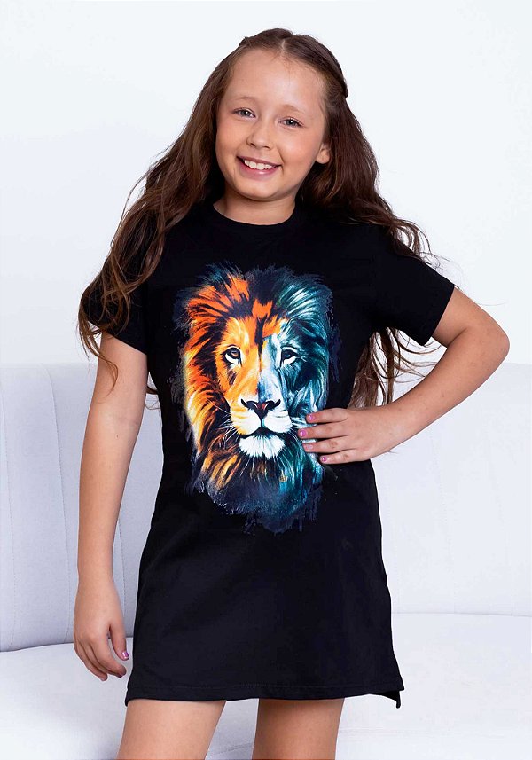 VESTIDO INFANTIL - LEÃO COLORIDO - COR PRETO