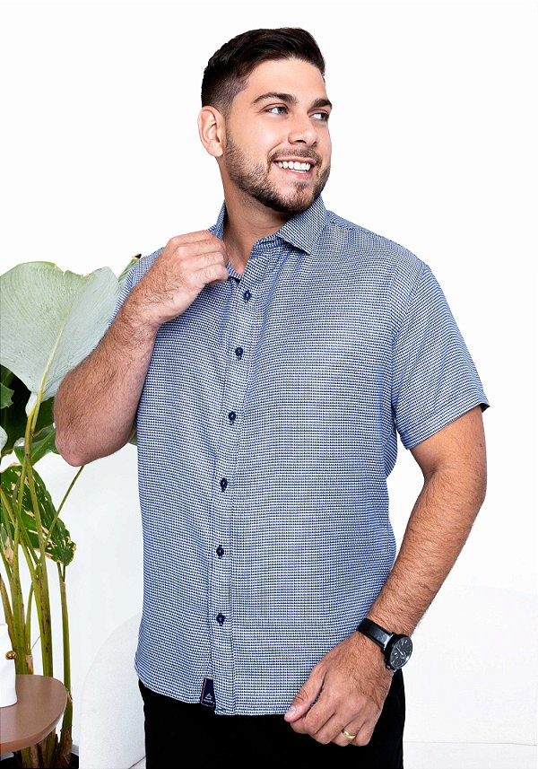 CAMISA SLIM  - ESTAMPADA - MANGA CURTA - COR AZUL MARINHO
