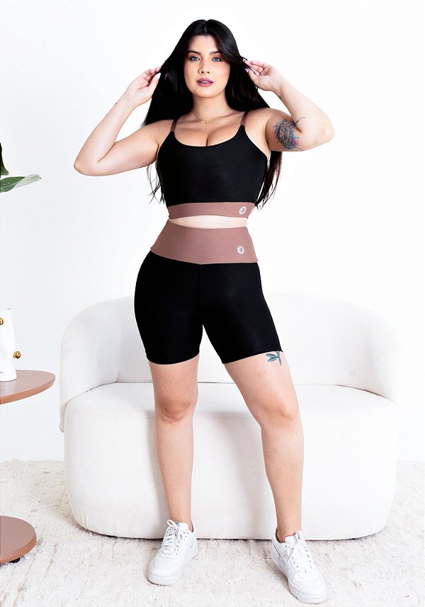 CONJUNTO DE SHORT FITNESS - BICOLOR - PRETO COM DETALHE MARROM