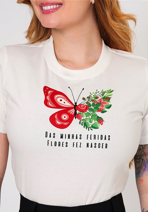 T-SHIRT FEMININA - FERIDAS FLORES - COR MARFIM
