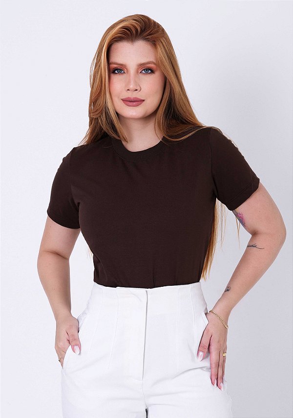 T-SHIRT FEMININA - BÁSICA - COR MARROM