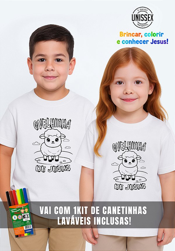 CAMISETA INFANTIL CRISTÃ PARA COLORIR - OVELHINHA DE JESUS - COR BRANCO