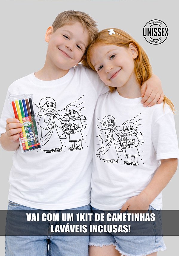 CAMISETA INFANTIL CRISTÃ PARA COLORIR - MULTIPLICAÇÃO DE PÃES E PEIXES - COR BRANCO