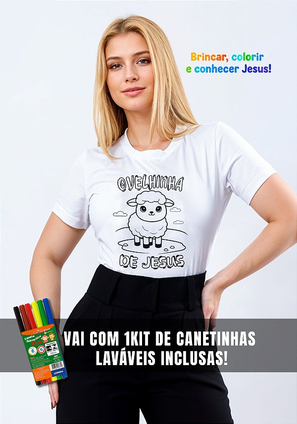 CAMISETA FEMININA CRISTÃ PARA COLORIR - OVELHINHAS DE JESUS - COR BRANCO