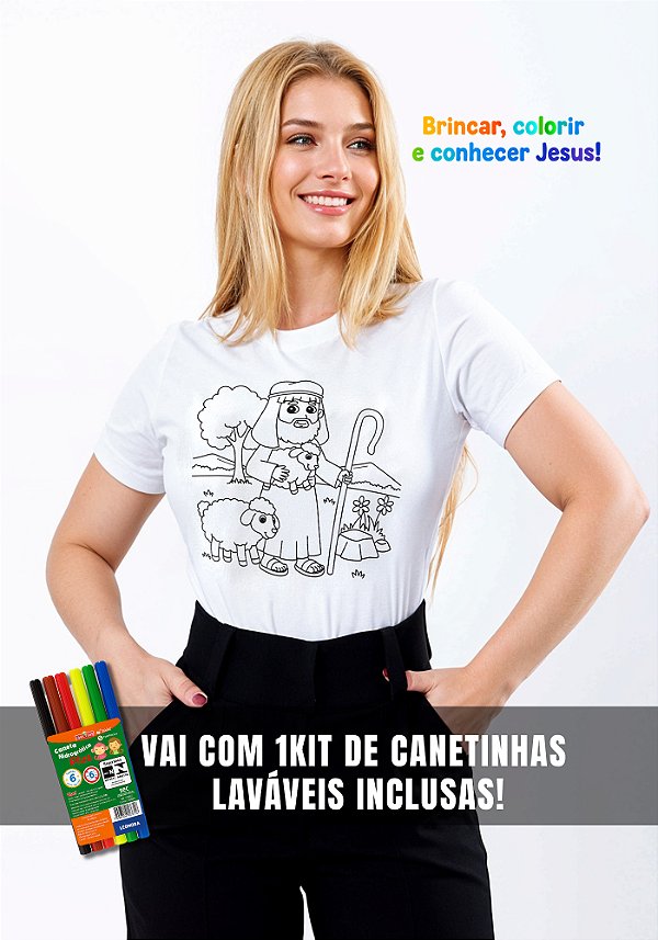 CAMISETA FEMININA CRISTÃ PARA COLORIR - PASTOR DE OVELHAS - COR BRANCO