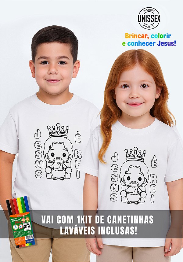 CAMISETA INFANTIL CRISTÃ PARA COLORIR - JESUS É REI - COR BRANCO