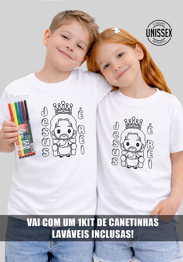 CAMISETA INFANTIL CRISTÃ PARA COLORIR - JESUS É REI - COR BRANCO