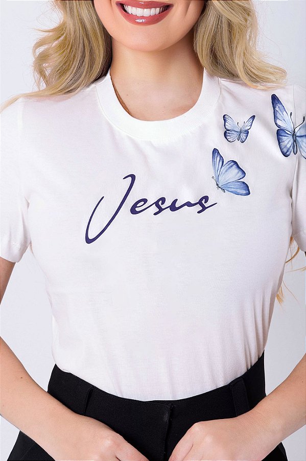 T-SHIRT FEMININA - BORBOLETAS OMBRO JESUS - COR MARFIM