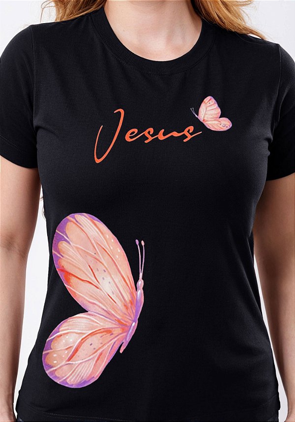 T-SHIRT FEMININA - JESUS BORBOLETA - COR PRETO