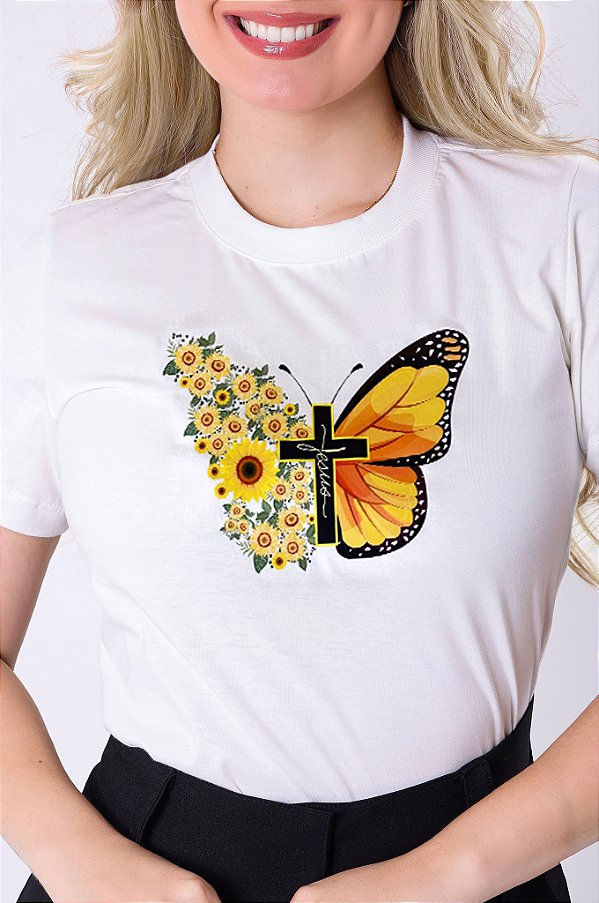 T-SHIRT FEMININA - JESUS BORBOLETA GIRASSÓIS - MARFIM