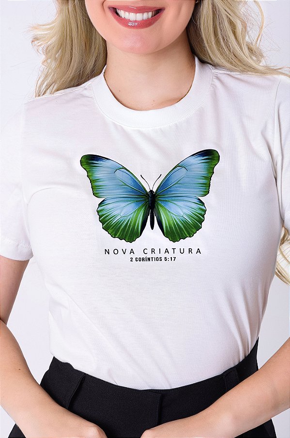 T-SHIRT FEMININA - NOVA CRIATURA BORBOLETA - COR MARFIM