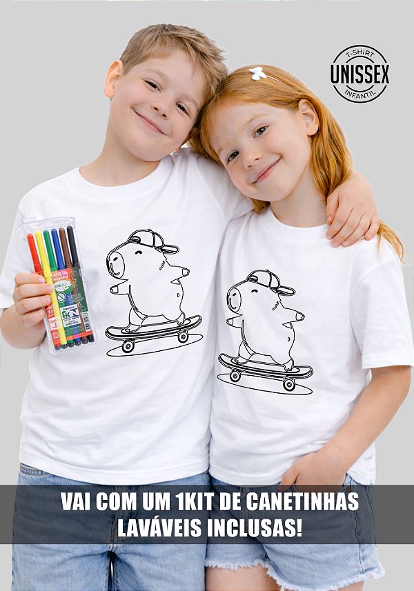 CAMISETA INFANTIL PARA COLORIR - CAPIVARA SKATE - COR BRANCO