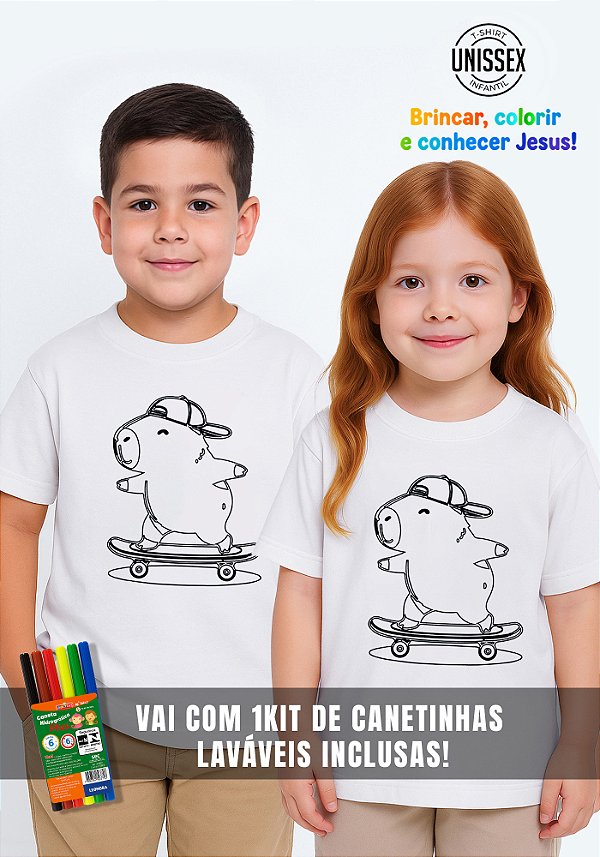 CAMISETA INFANTIL  PARA COLORIR - CAPIVARA SKATE - COR BRANCO