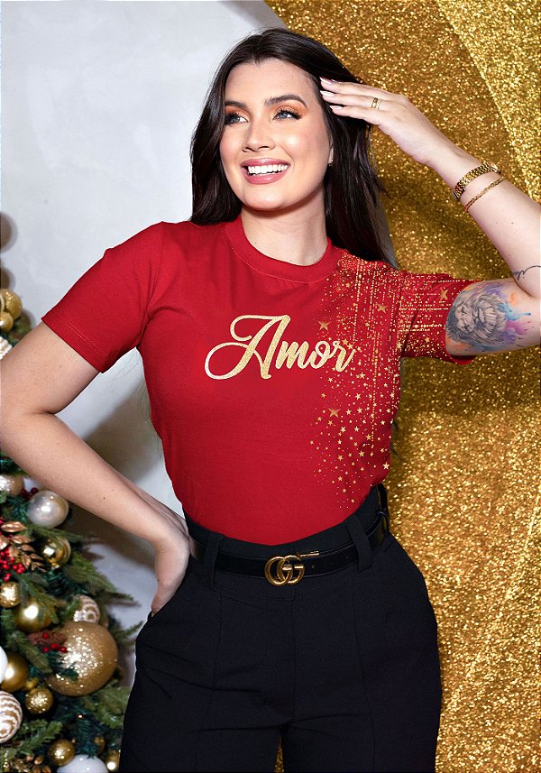 T-SHIRT FEMININA - AMOR ESTRELAS - COR VERMELHO