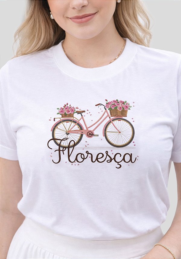 T-SHIRT FEMININA - BICICLETA FLORESÇA - COR MARFIM