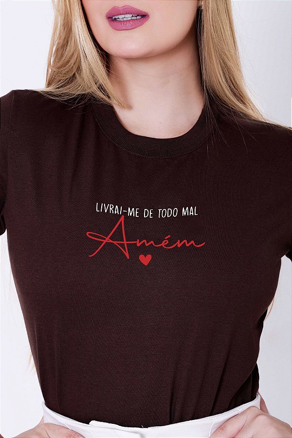 T-SHIRT FEMININA - LIVRAI-ME DE TODO MAL - COR MARROM