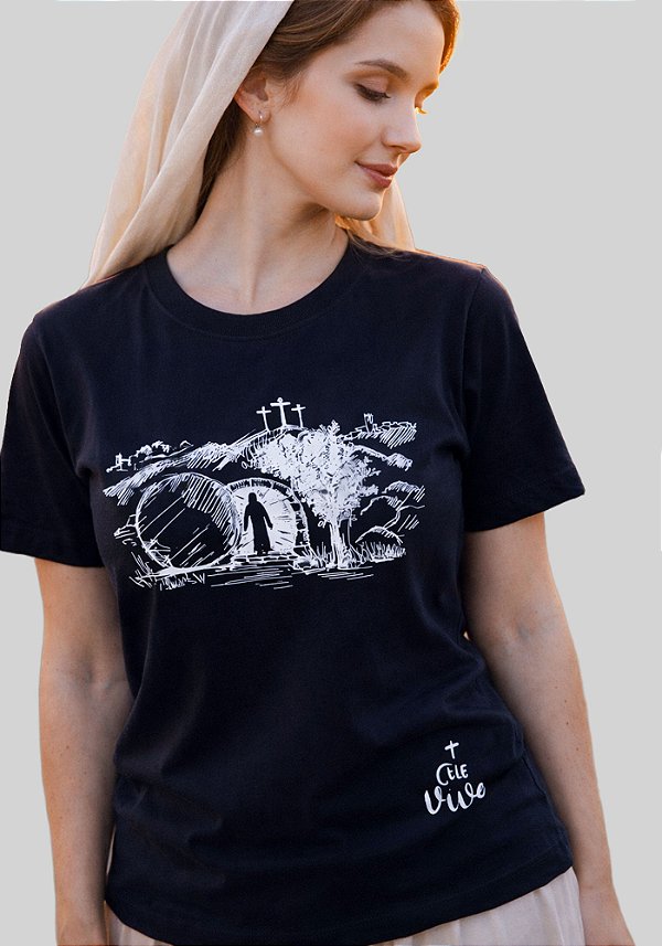 T-SHIRT FEMININA - CRUZ ELE VIVE - COR PRETO