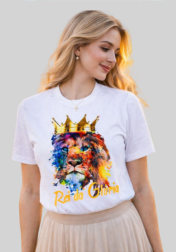 T-SHIRT FEMININA - LEÃO COLORIDO REI DA GLÓRIA - COR MARFIM