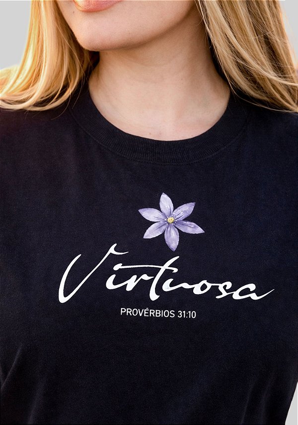 T-SHIRT FEMININA - VIRTUOSA PROVÉRBIOS 21:10 - COR PRETO