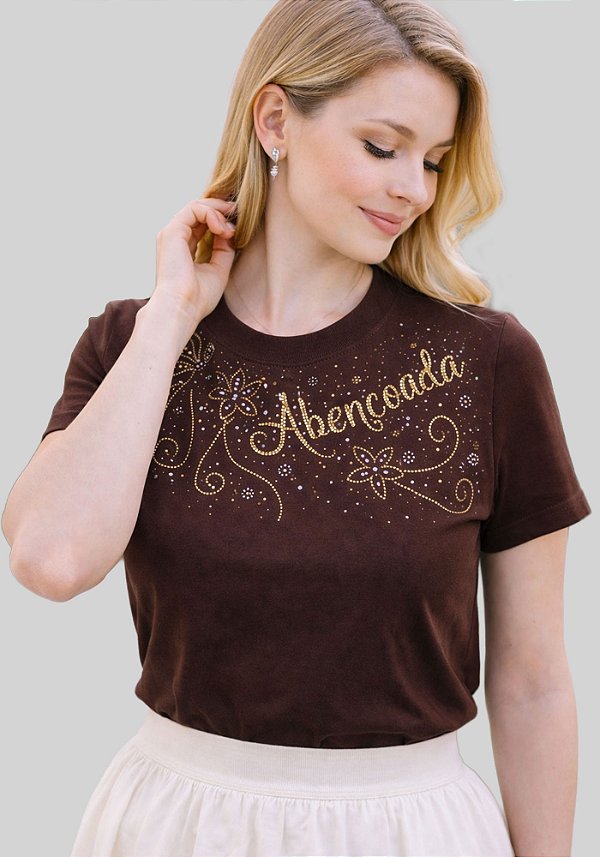 T-SHIRT FEMININA - STRASS ABENÇOADA - COR MARROM
